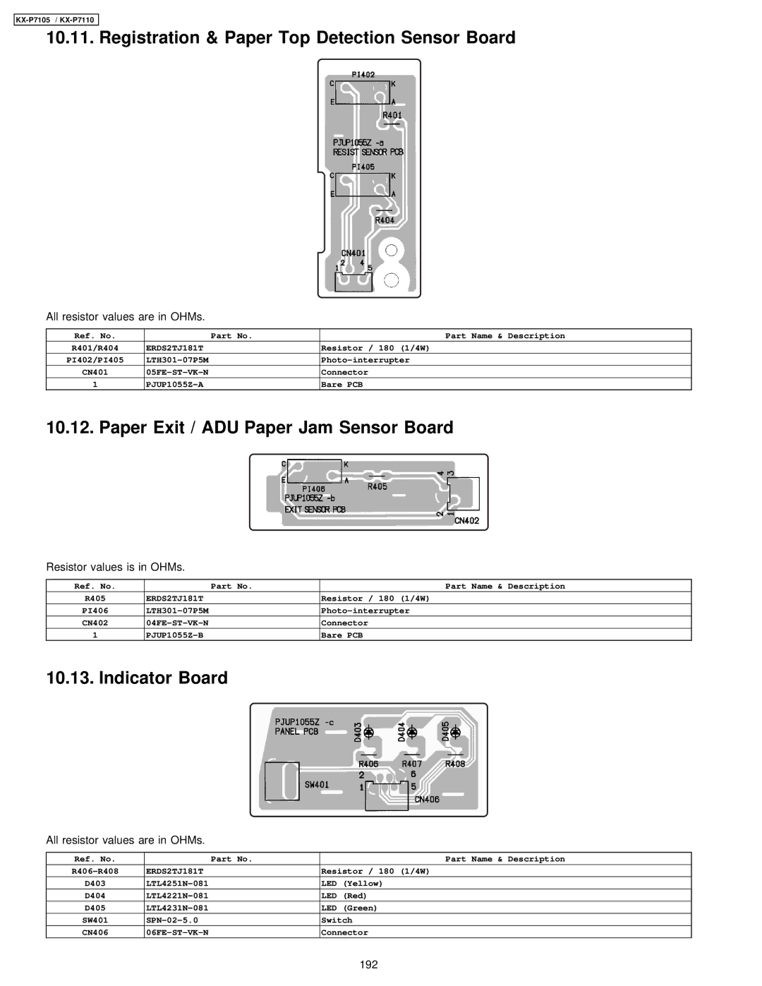 Panasonic KX-P7110, KX-P7105 manual Registration & Paper Top Detection Sensor Board, Resistor values is in OHMs 