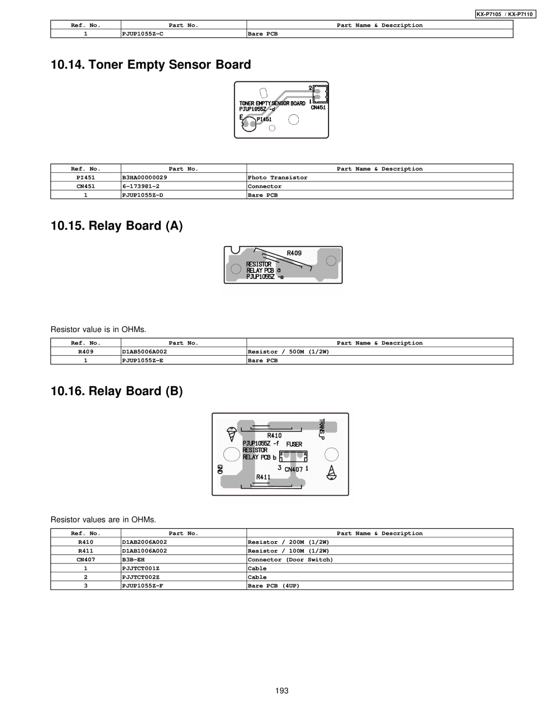 Panasonic KX-P7105, KX-P7110 manual Relay Board a, Resistor values are in OHMs 