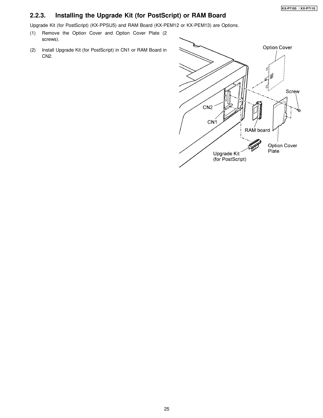 Panasonic KX-P7105, KX-P7110 manual Installing the Upgrade Kit for PostScript or RAM Board 