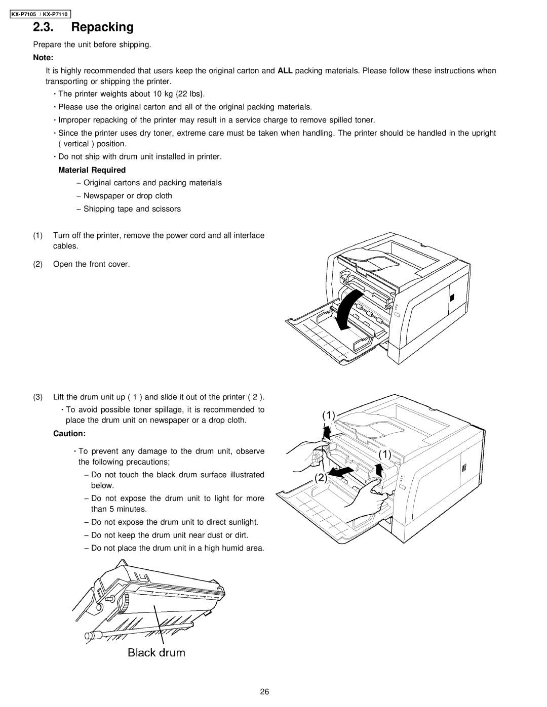 Panasonic KX-P7110, KX-P7105 manual Repacking, Material Required 