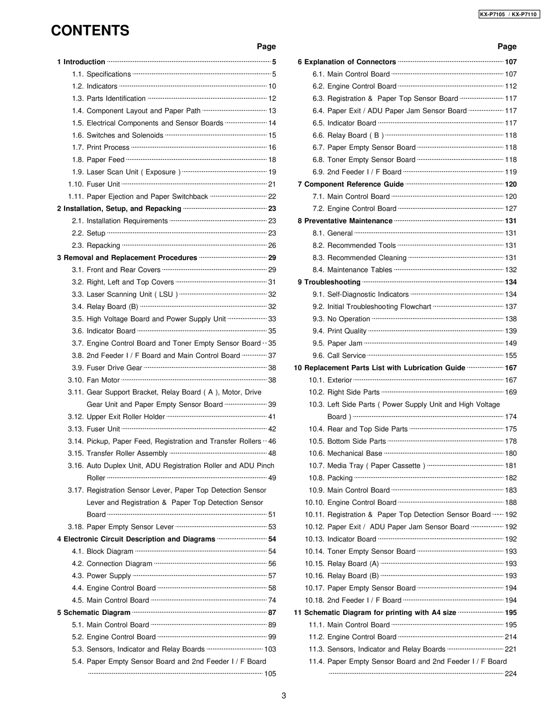 Panasonic KX-P7105, KX-P7110 manual Contents 