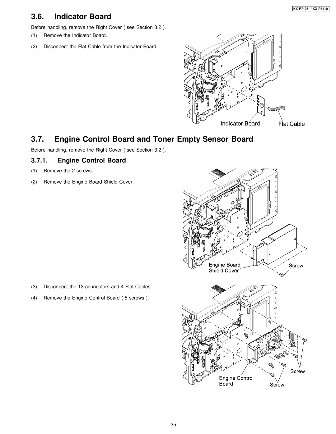Panasonic KX-P7105, KX-P7110 manual Indicator Board, Engine Control Board and Toner Empty Sensor Board 