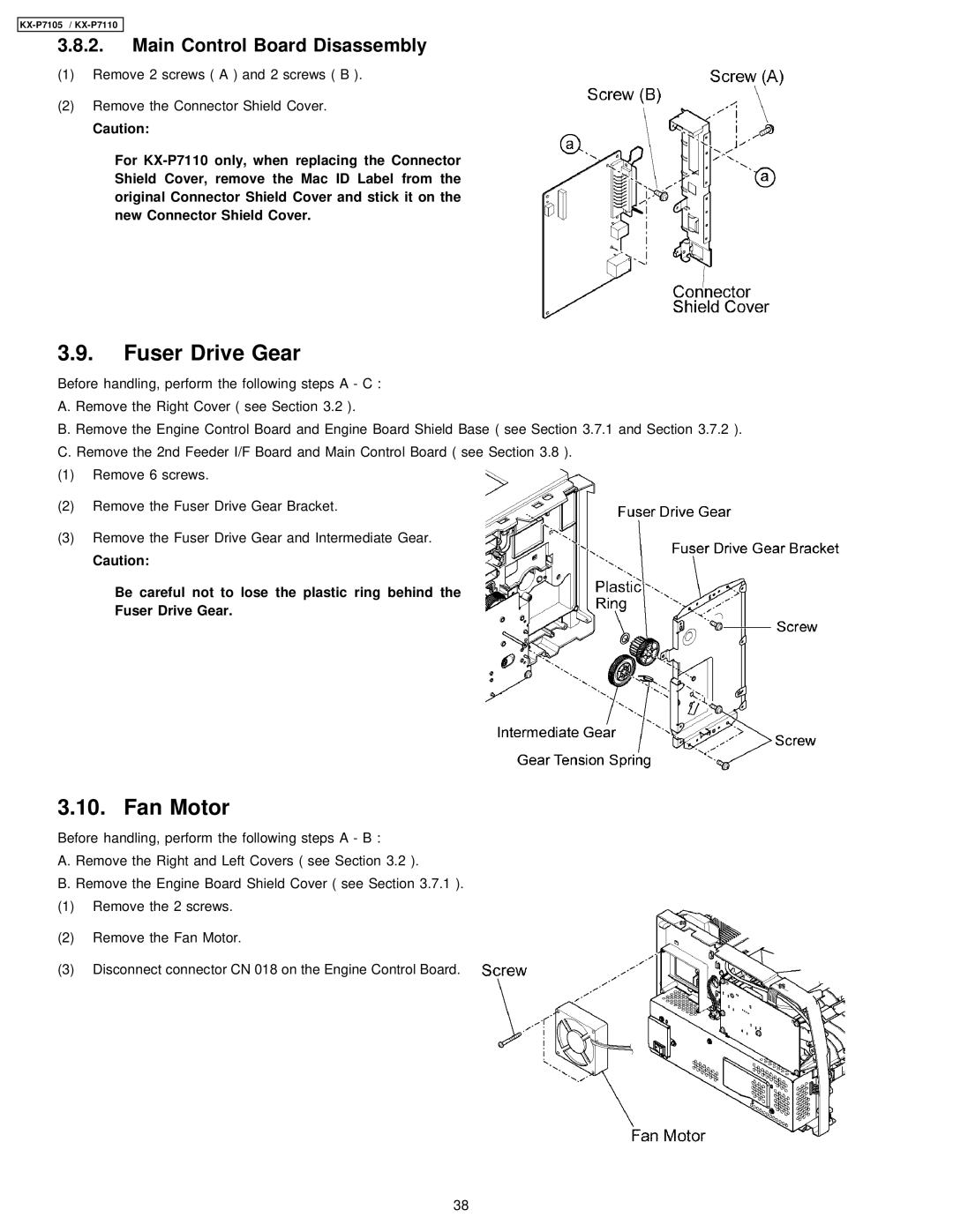 Panasonic KX-P7110, KX-P7105 manual Fuser Drive Gear, Fan Motor, Main Control Board Disassembly 