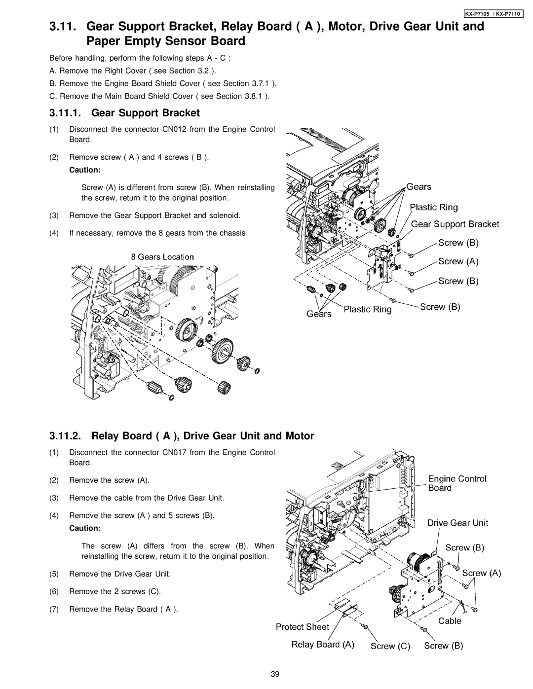 Panasonic KX-P7105, KX-P7110 manual Gear Support Bracket, Relay Board a , Drive Gear Unit and Motor 