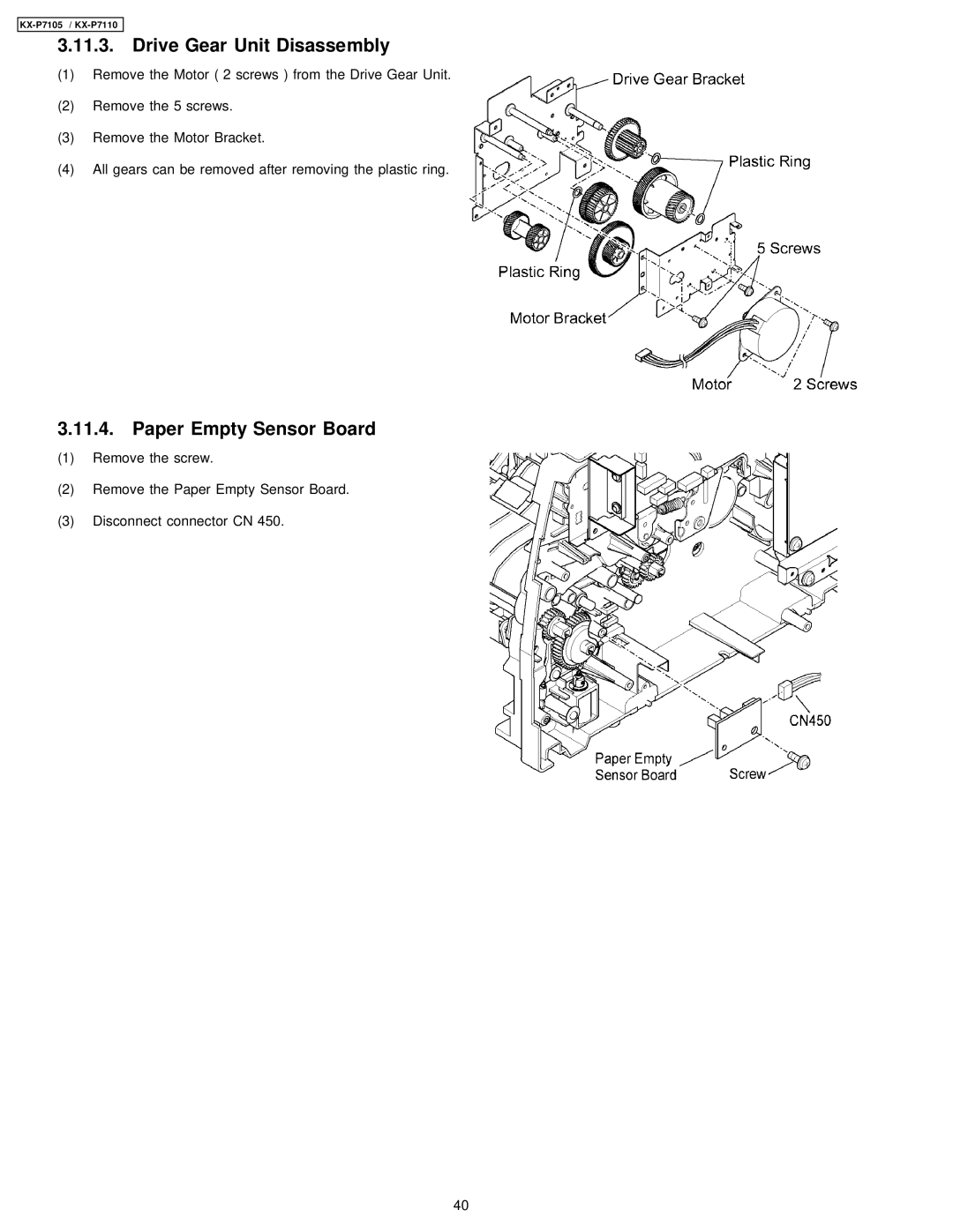 Panasonic KX-P7110, KX-P7105 manual Drive Gear Unit Disassembly, Paper Empty Sensor Board 