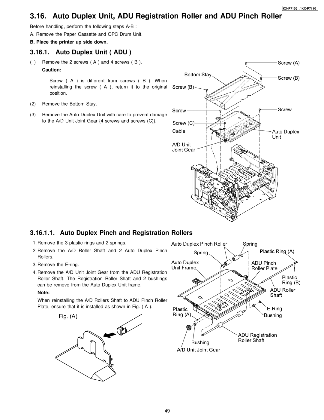 Panasonic KX-P7105, KX-P7110 manual Auto Duplex Unit ADU, Auto Duplex Pinch and Registration Rollers 