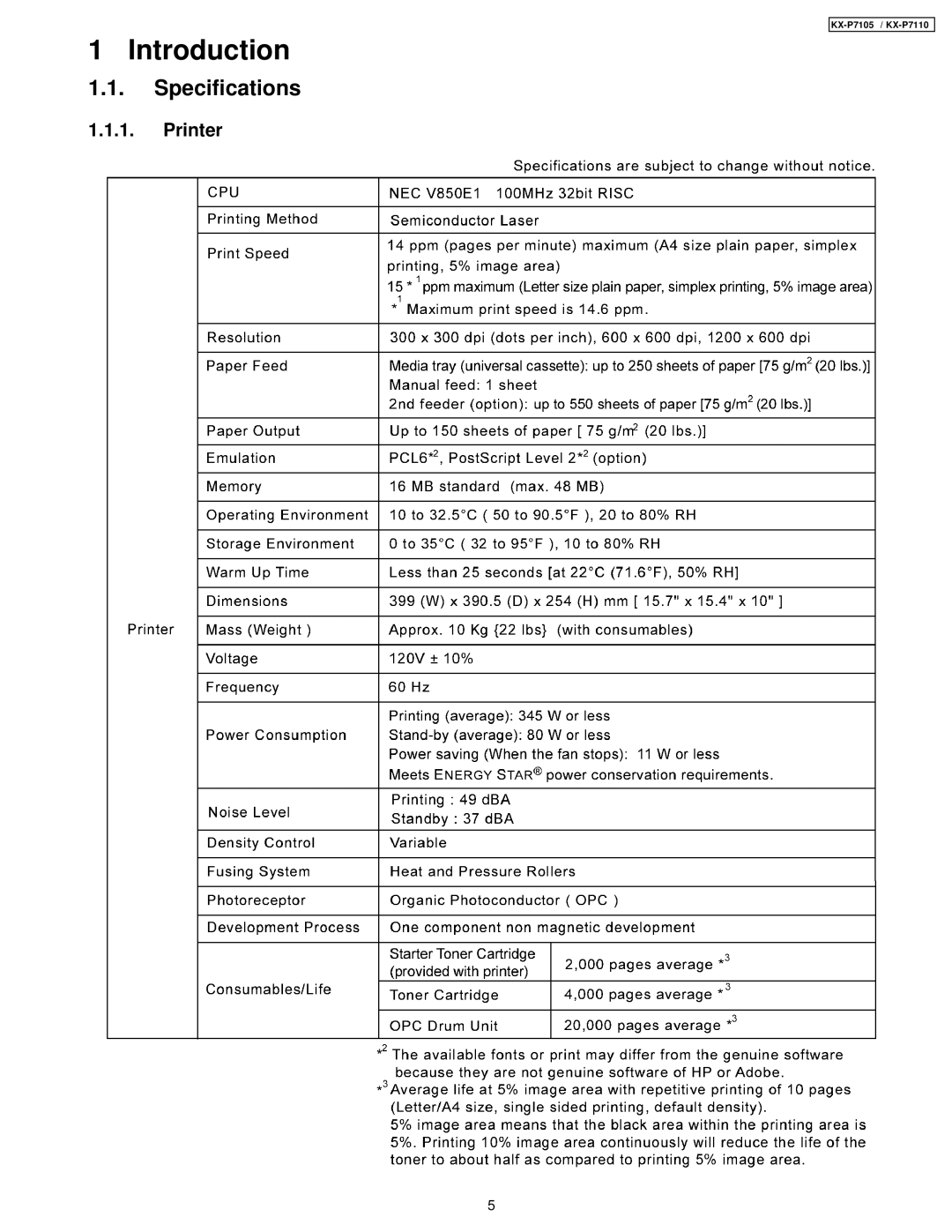 Panasonic KX-P7105, KX-P7110 manual Specifications, Printer 