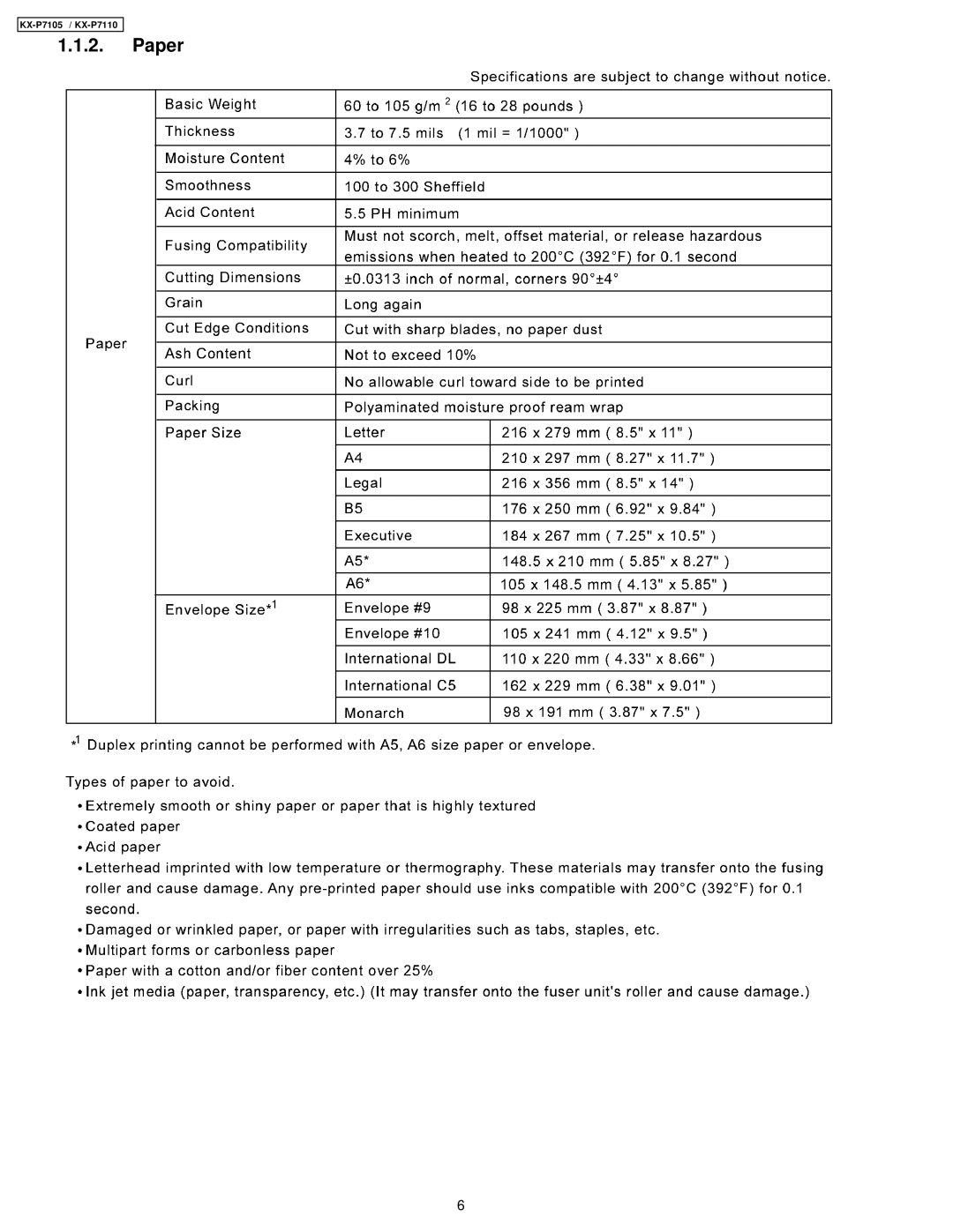 Panasonic KX-P7110, KX-P7105 manual Paper 