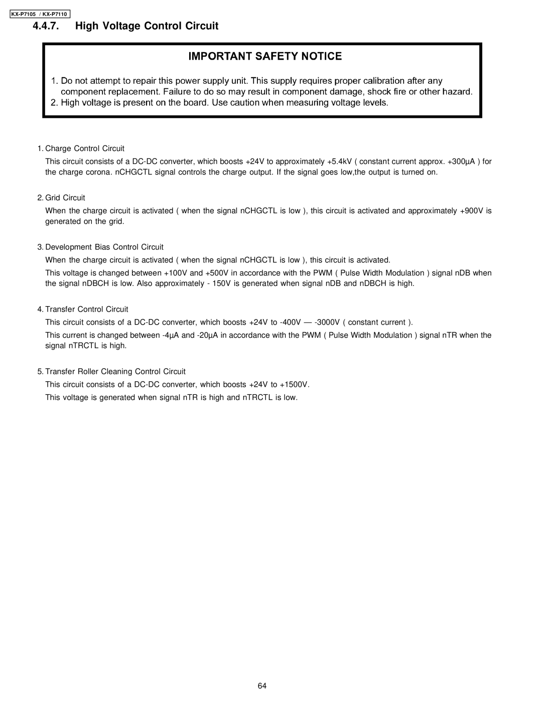 Panasonic KX-P7110, KX-P7105 manual High Voltage Control Circuit 