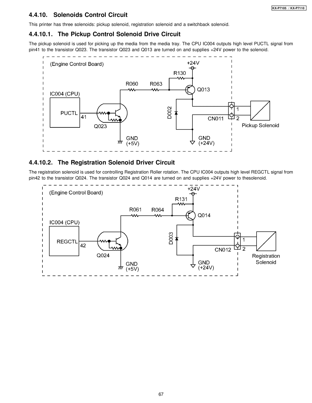 Panasonic KX-P7105 Solenoids Control Circuit, Pickup Control Solenoid Drive Circuit, Registration Solenoid Driver Circuit 