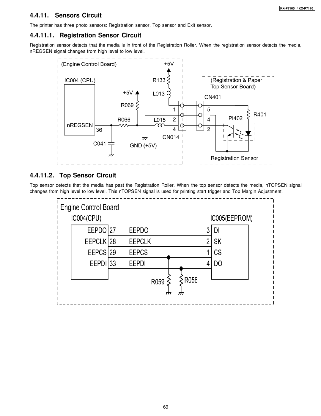 Panasonic KX-P7105, KX-P7110 manual Sensors Circuit, Registration Sensor Circuit, Top Sensor Circuit 