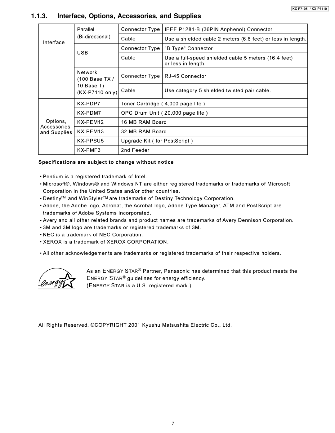 Panasonic KX-P7105, KX-P7110 manual Interface, Options, Accessories, and Supplies 