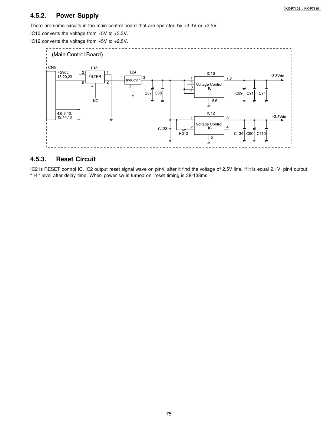 Panasonic KX-P7105, KX-P7110 manual Power Supply, Reset Circuit 