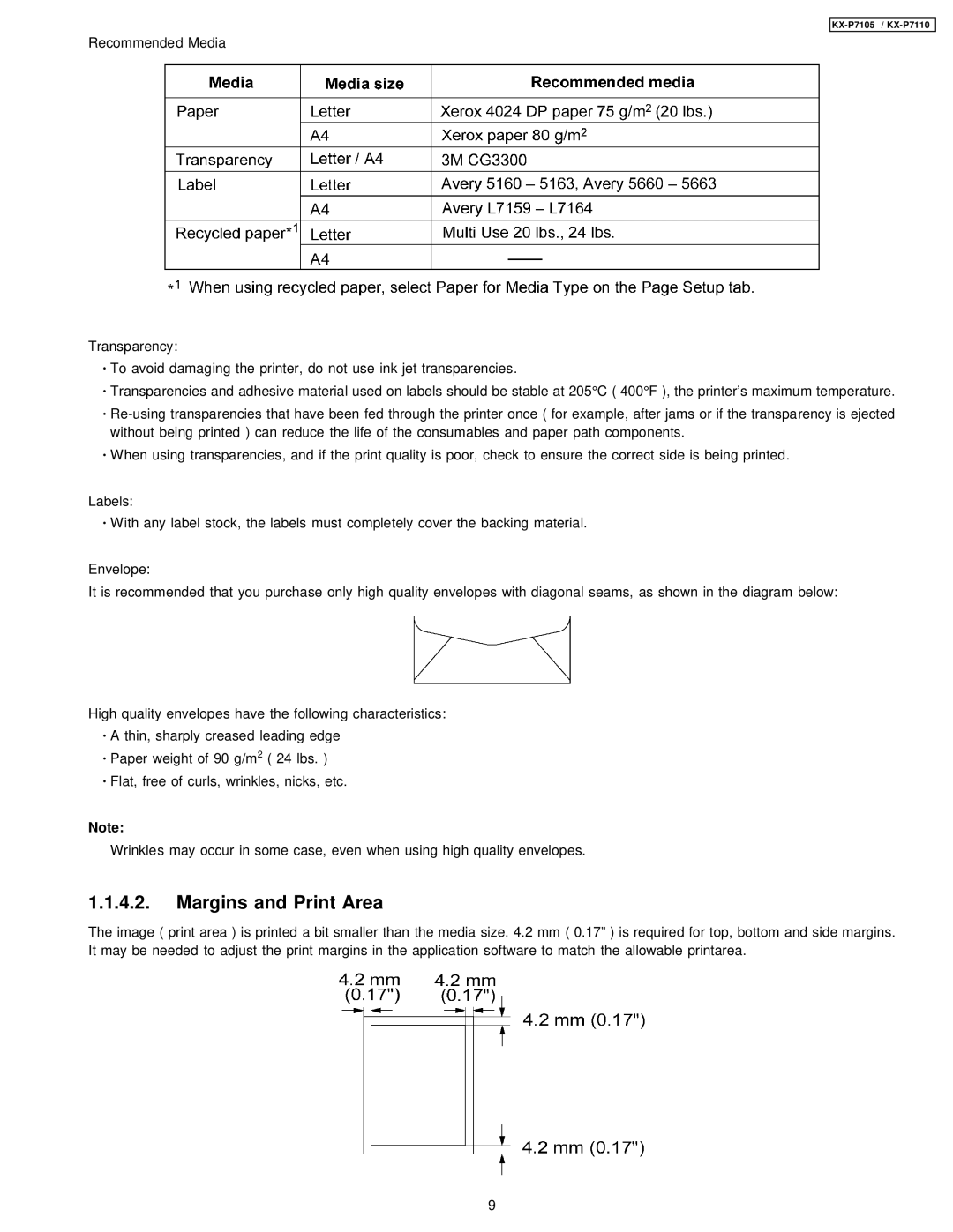 Panasonic KX-P7105, KX-P7110 manual Margins and Print Area 