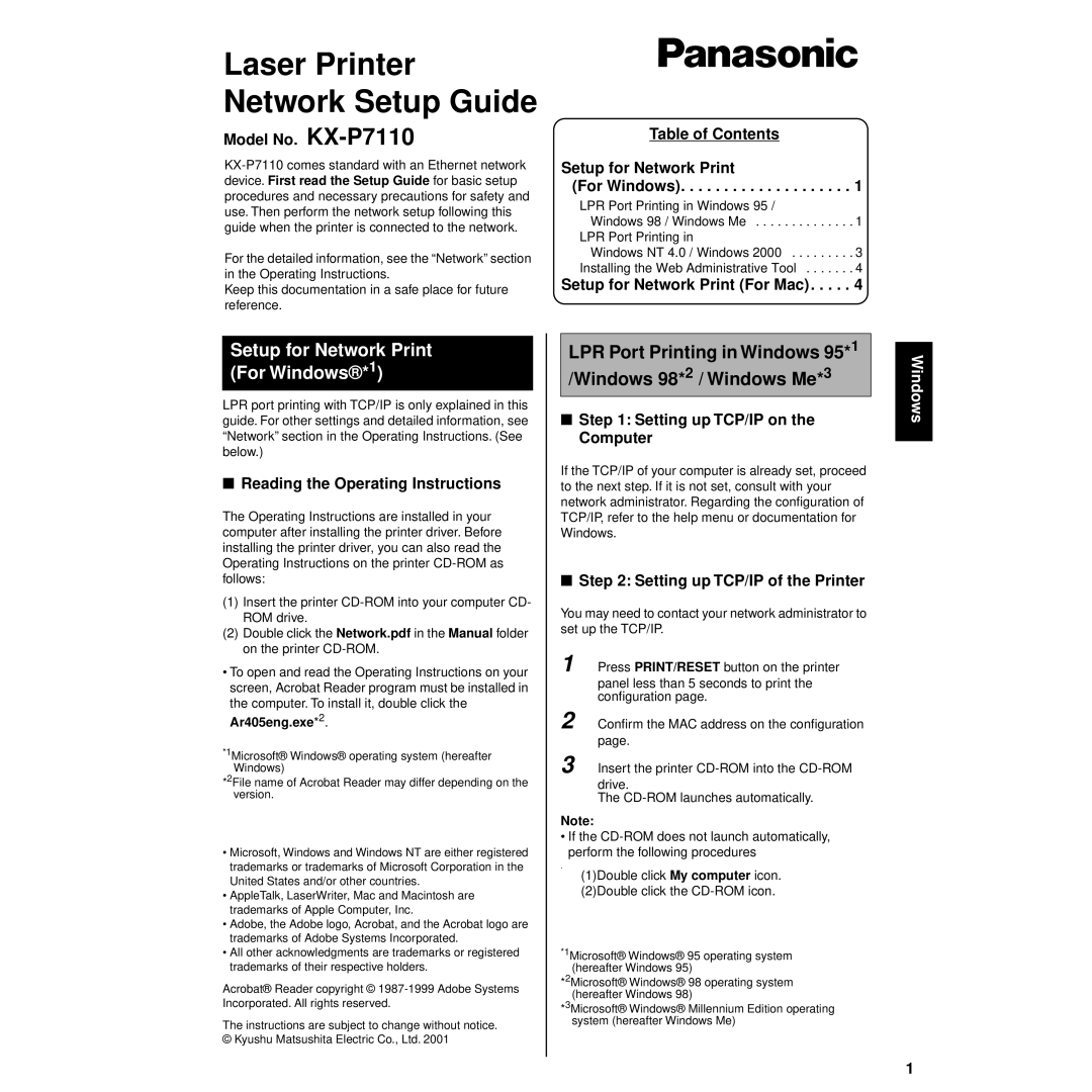 Panasonic setup guide Model No. KX-P7110, Table of Contents Setup for Network Print For Windows 