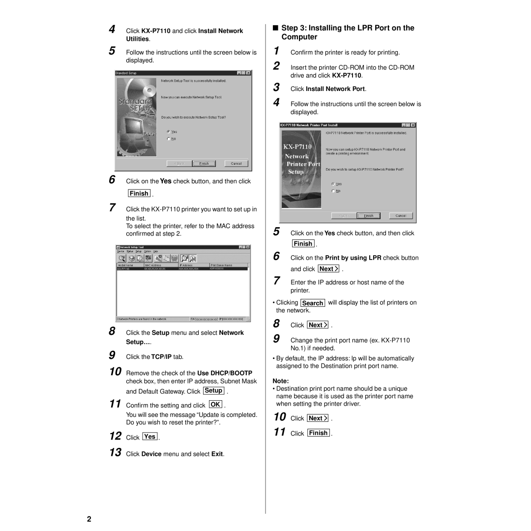 Panasonic Installing the LPR Port on the Computer, Click KX-P7110 and click Install Network Utilities, Finish 