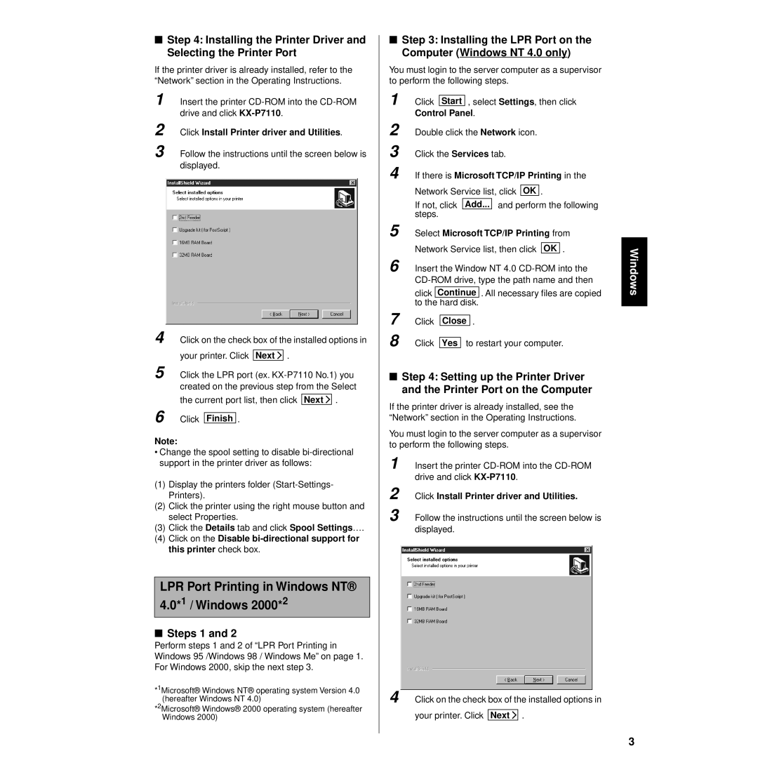 Panasonic KX-P7110 setup guide Steps 1, Installing the LPR Port on the Computer Windows NT 4.0 only 