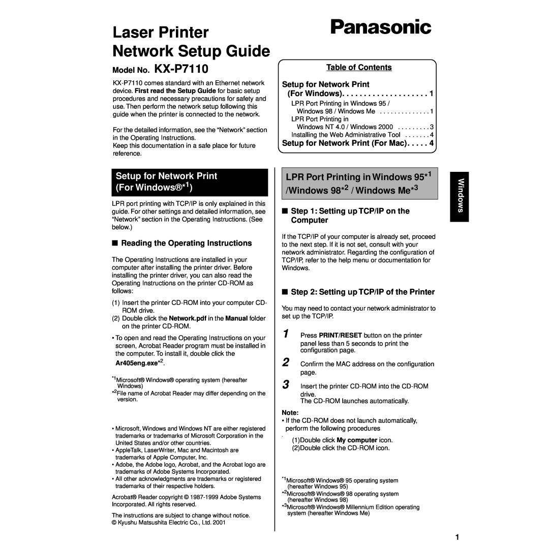 Panasonic setup guide Model No. KX-P7110, Table of Contents Setup for Network Print For Windows 