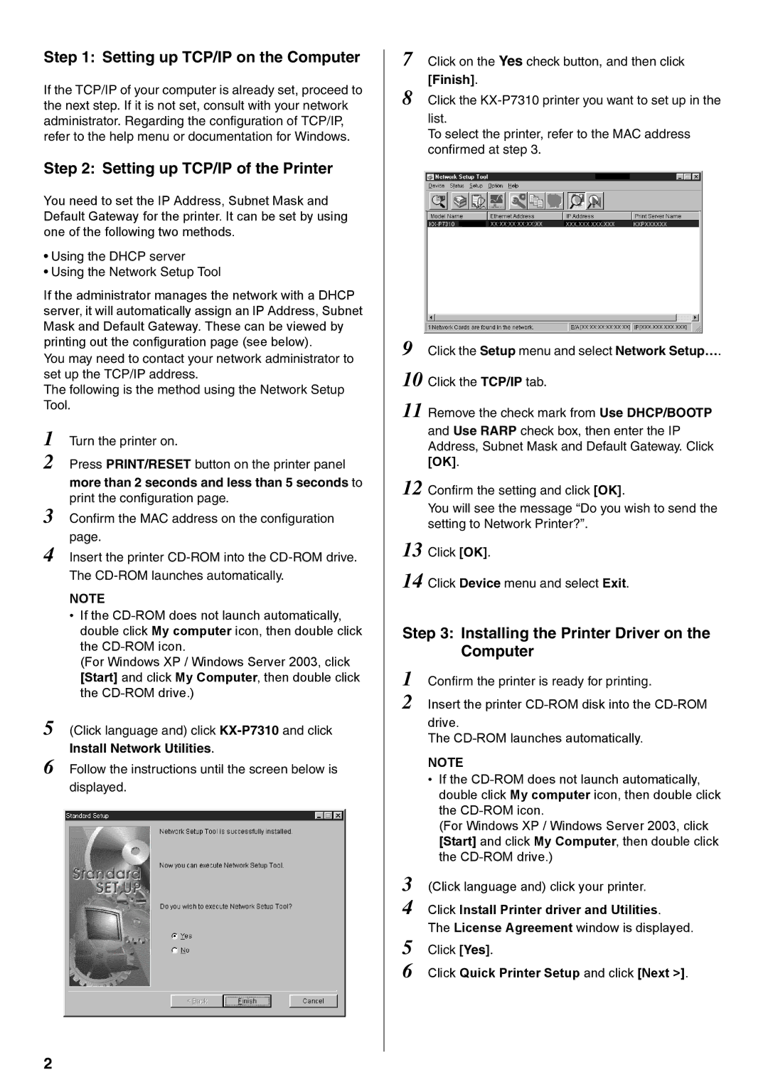 Panasonic KX-P7310 setup guide Setting up TCP/IP on the Computer, Setting up TCP/IP of the Printer, Finish 