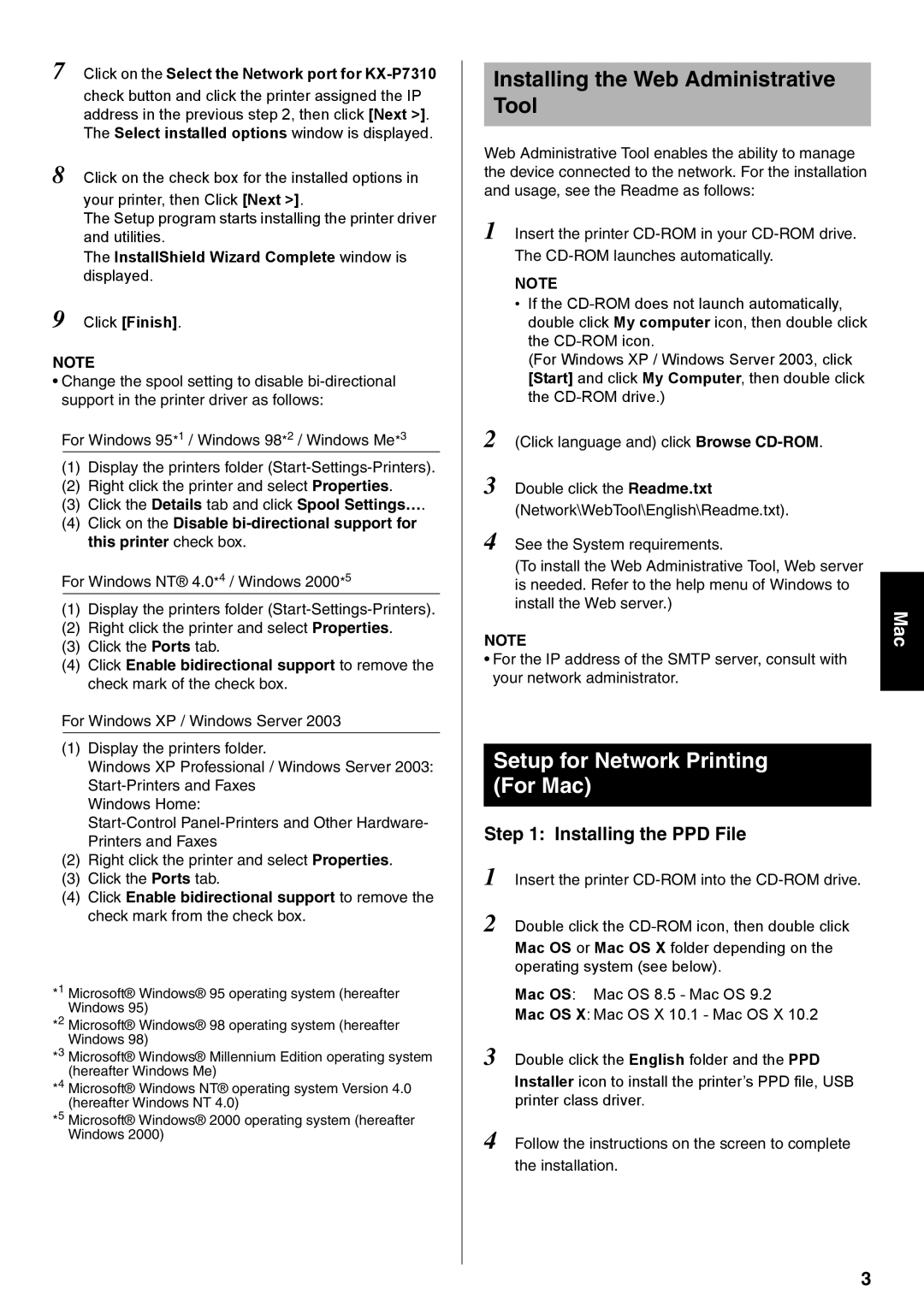 Panasonic KX-P7310 Installing the Web Administrative Tool, Setup for Network Printing For Mac, Installing the PPD File 