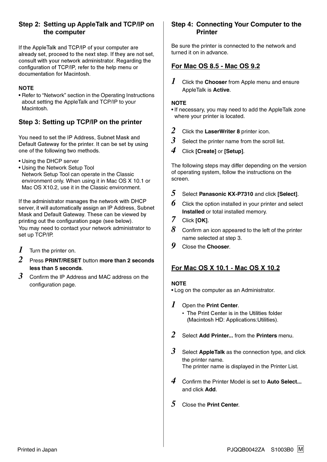 Panasonic KX-P7310 setup guide Connecting Your Computer to the Printer, For Mac OS 8.5 Mac OS 