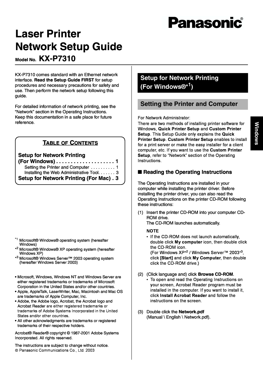 Panasonic KX-P7310 setup guide Setup for Network Printing For Windows*1, Setting the Printer and Computer 
