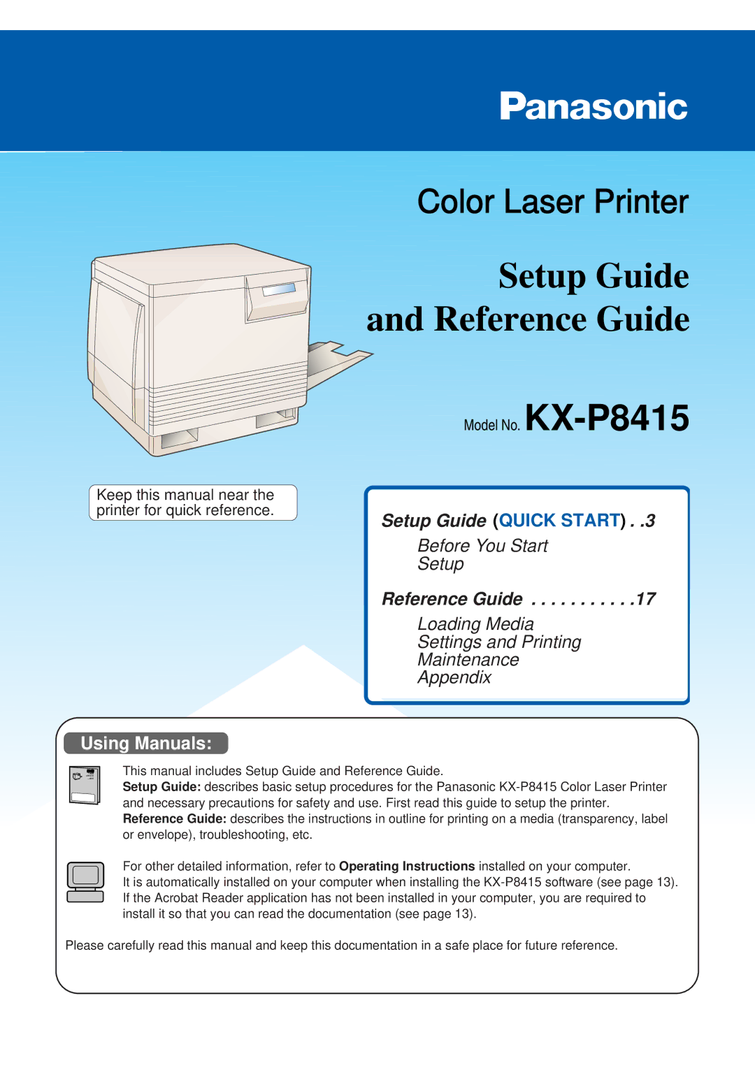 Panasonic setup guide Keep this manual near the printer for quick reference, Model No. KX-P8415 