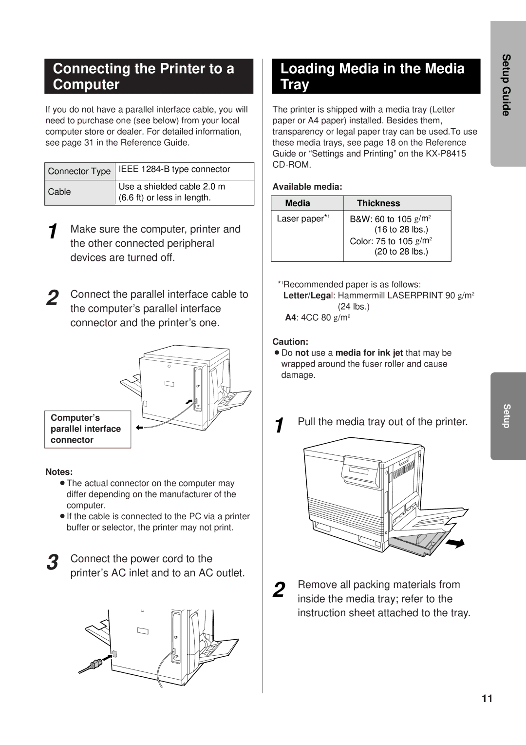 Panasonic KX-P8415 setup guide Connecting the Printer to a Computer, Loading Media in the Media Tray 