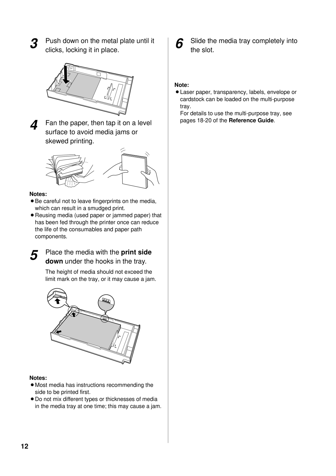 Panasonic KX-P8415 Push down on the metal plate until it, Clicks, locking it in place, Place the media with the print side 