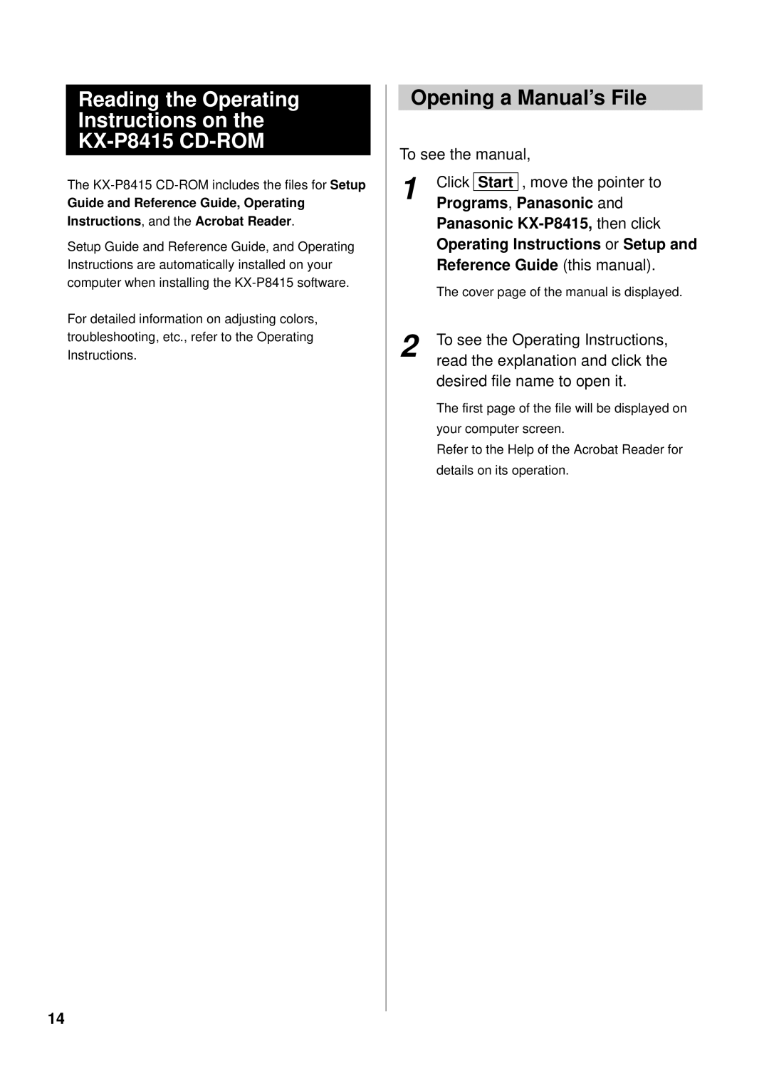 Panasonic KX-P8415 setup guide Reading the Operating Instructions on, Opening a Manual’s File 