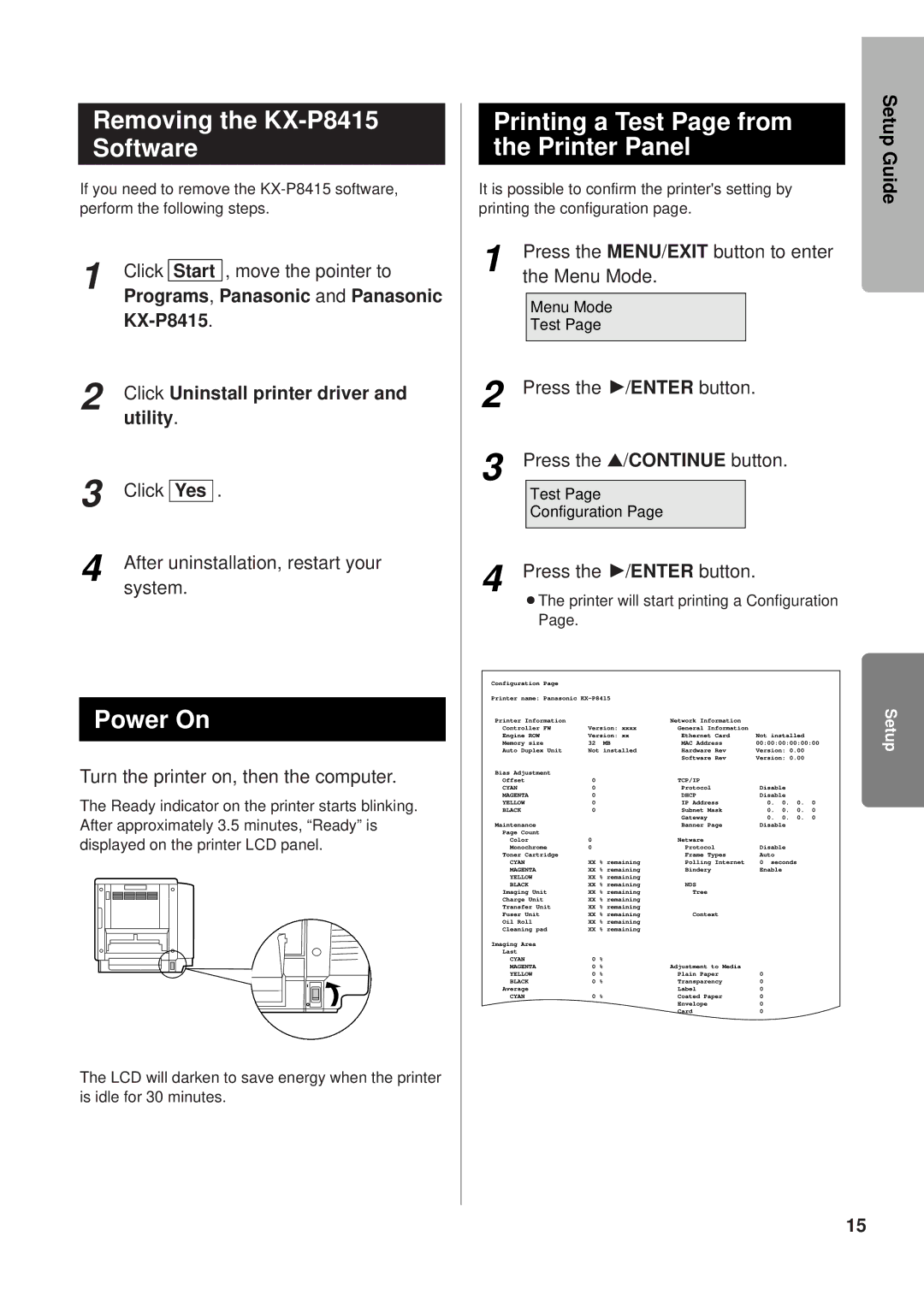 Panasonic setup guide Removing the KX-P8415 Software, Power On, Printing a Test Page from the Printer Panel 