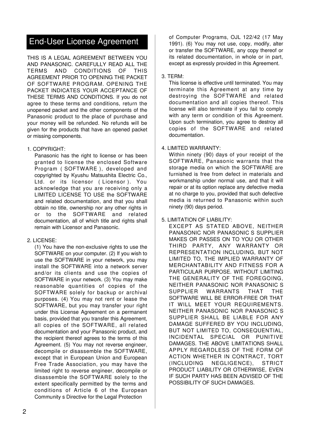 Panasonic KX-P8415 End-User License Agreement, Copyright License, Term, Limited Warranty, Limitation of Liability 