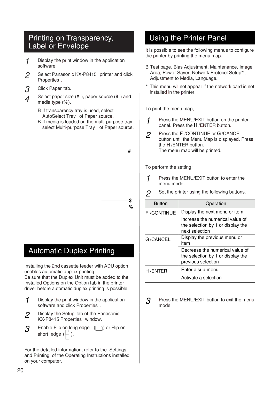 Panasonic KX-P8415 Printing on Transparency, Label or Envelope, Automatic Duplex Printing, Using the Printer Panel 