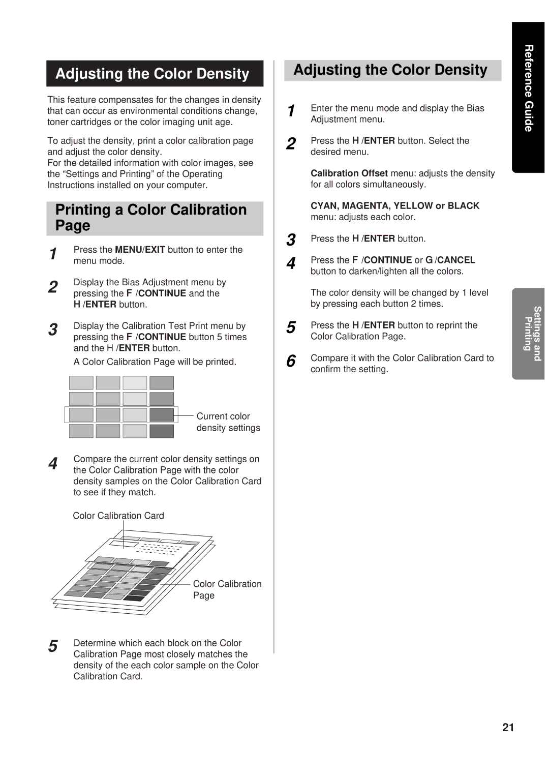 Panasonic KX-P8415 Adjusting the Color Density, Printing a Color Calibration, Enter button, CYAN, MAGENTA, Yellow or Black 