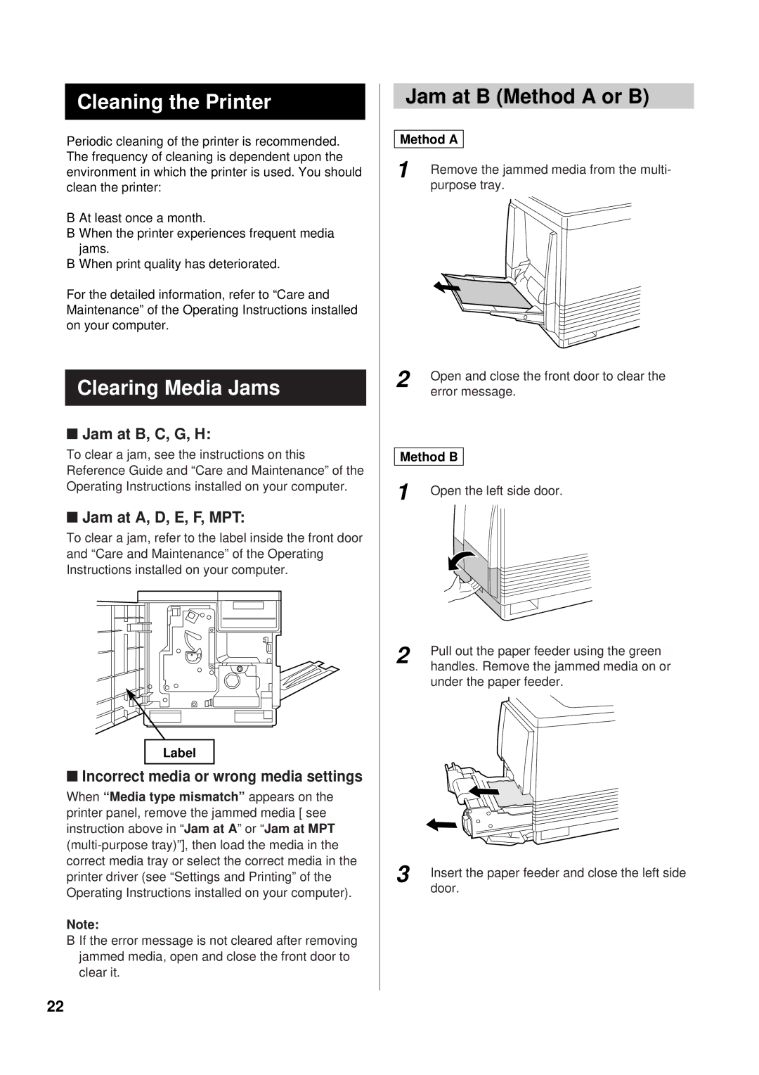 Panasonic KX-P8415 setup guide Cleaning the Printer, Clearing Media Jams, Jam at B Method a or B 