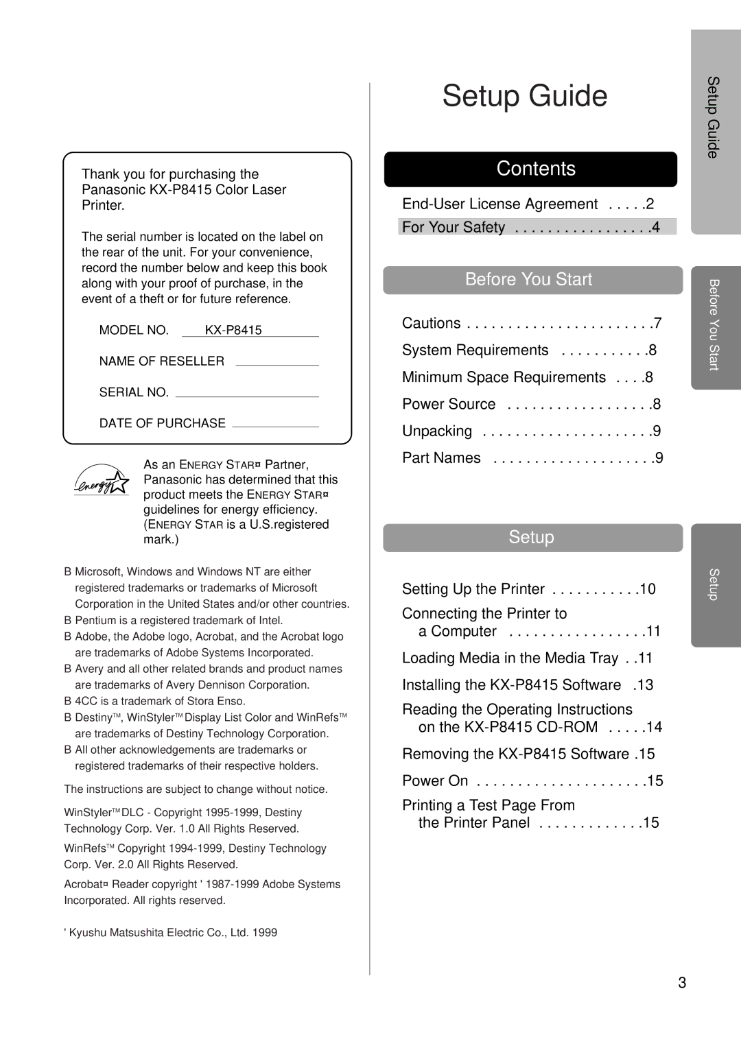 Panasonic KX-P8415 setup guide Setup Guide, Contents 