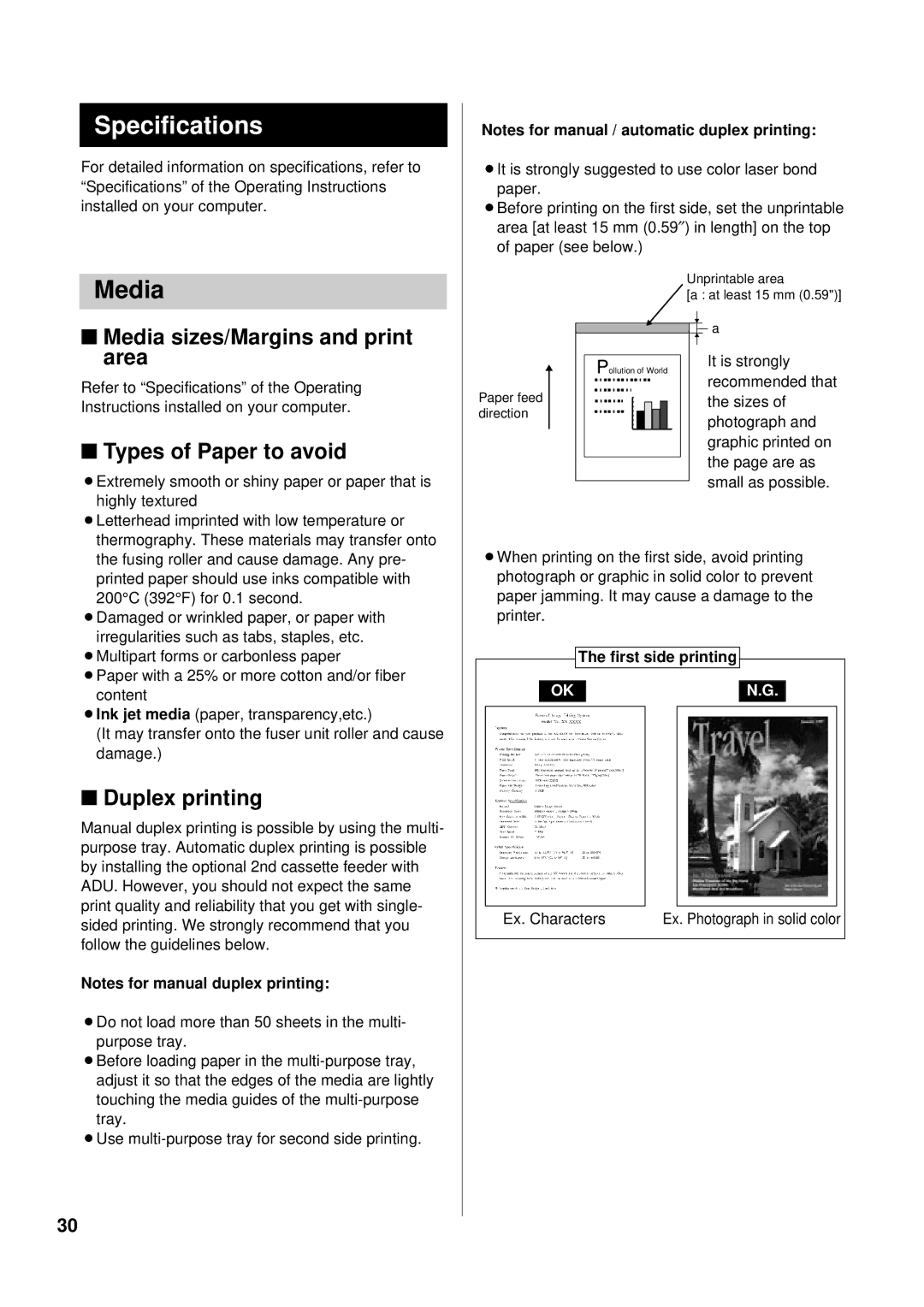 Panasonic KX-P8415 Specifications, Media sizes/Margins and print area, Types of Paper to avoid, Duplex printing 