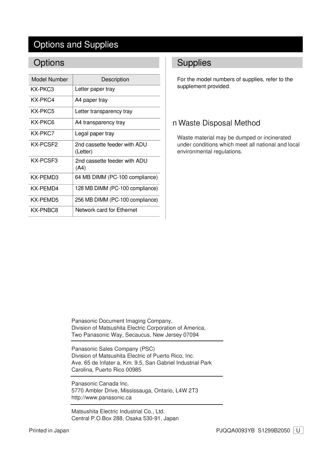 Panasonic KX-P8415 setup guide Options and Supplies, Waste Disposal Method 