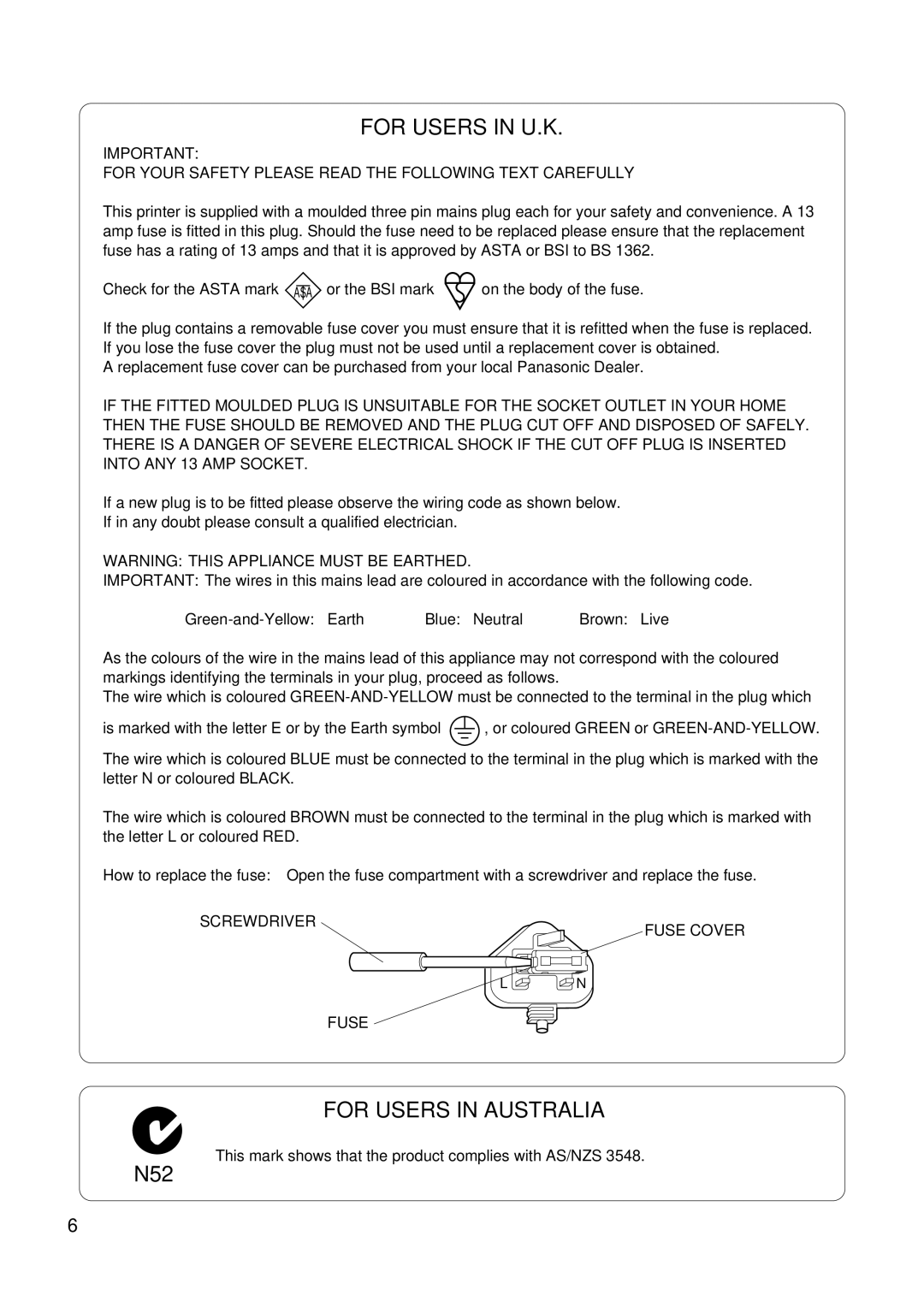 Panasonic KX-P8415 setup guide For Users in U.K, For Your Safety Please Read the Following Text Carefully 