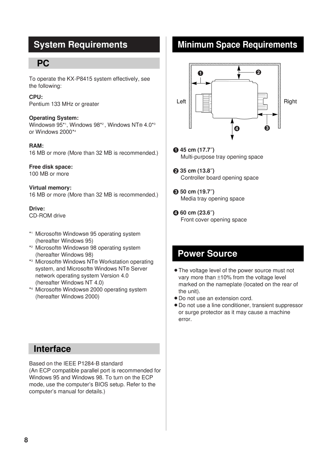 Panasonic KX-P8415 setup guide System Requirements, Interface, Minimum Space Requirements, Power Source 