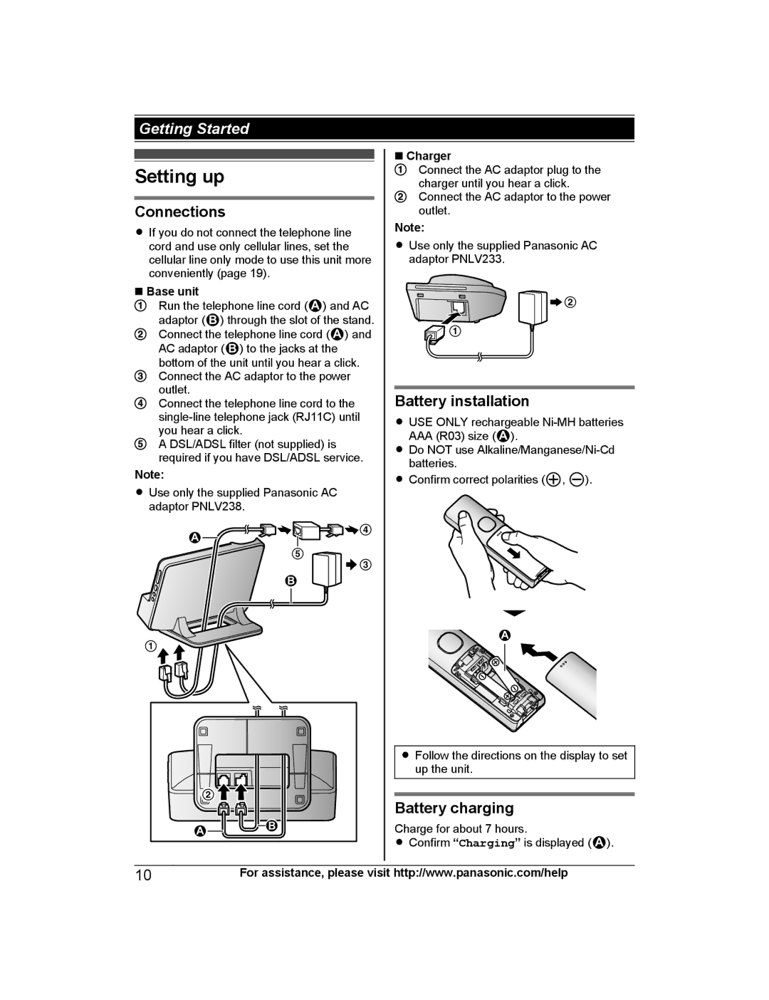 Panasonic KX-PRL262, KX-PRD262 operating instructions Setting up, Connections, Battery installation, Battery charging 