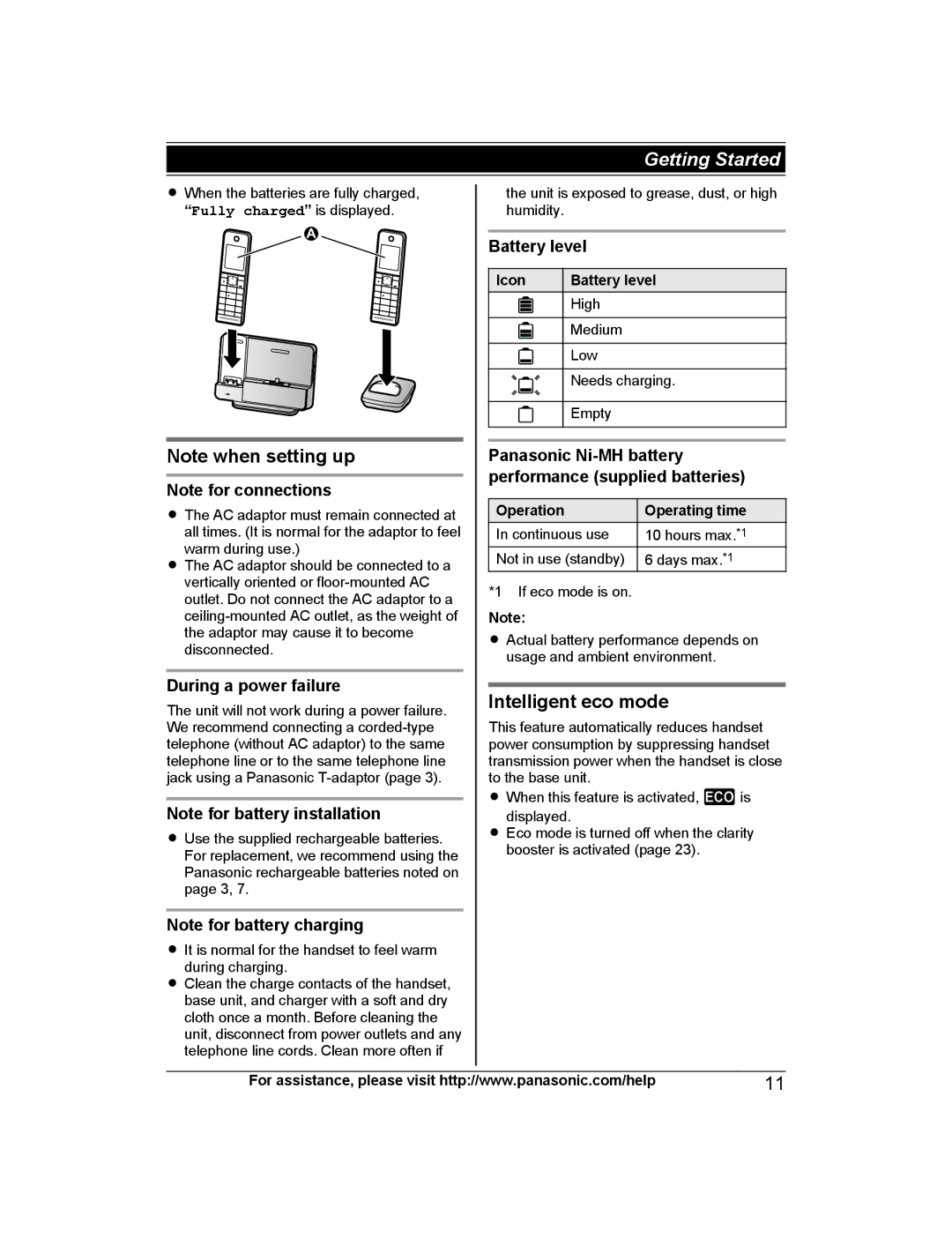 Panasonic KX-PRD262, KX-PRL262 Intelligent eco mode, Battery level, Panasonic Ni-MH battery Performance supplied batteries 