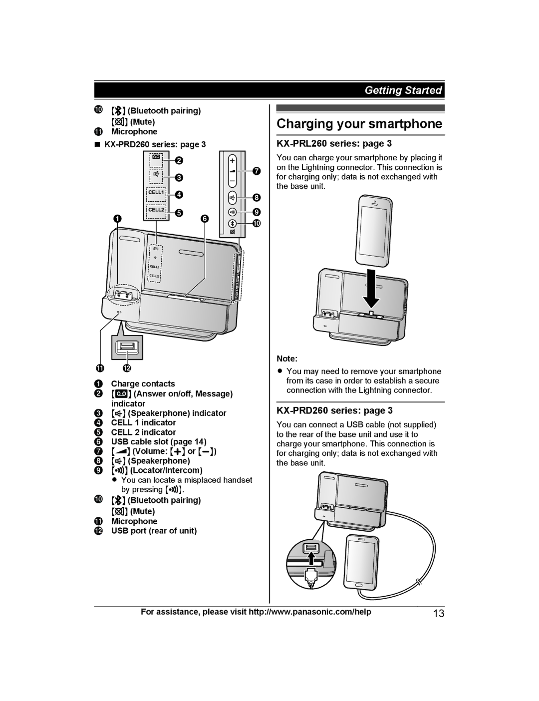 Panasonic KX-PRD262, KX-PRL262 operating instructions Charging your smartphone, KX-PRL260 series, KX-PRD260 series 