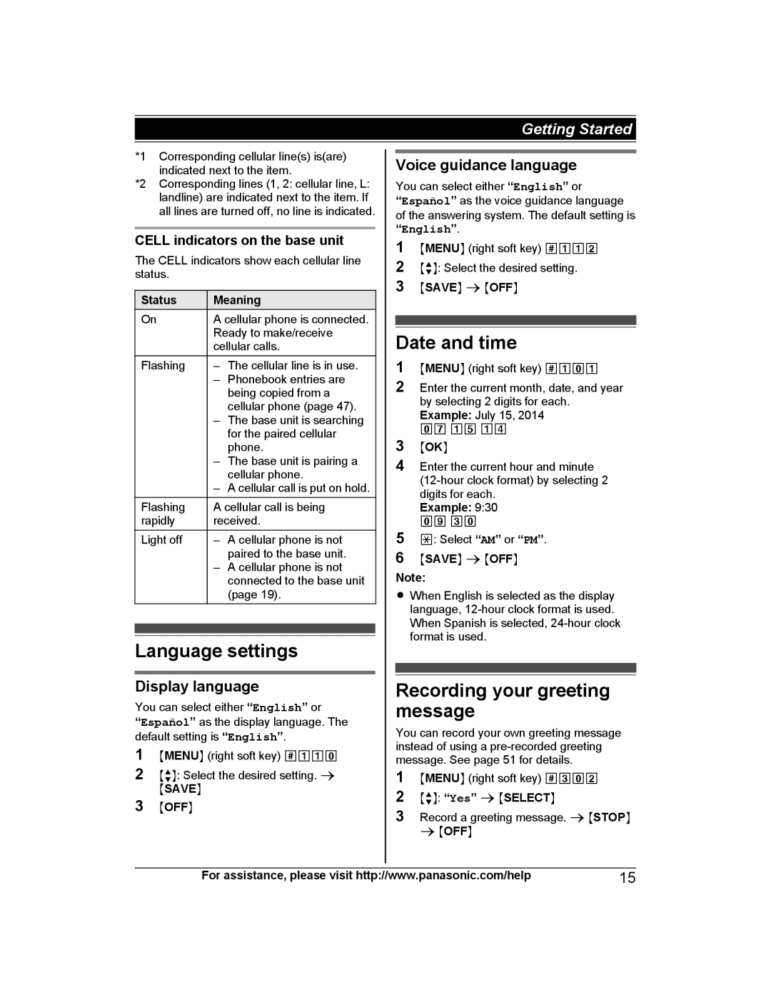 Panasonic KX-PRD262, KX-PRL262 Language settings, Date and time, Recording your greeting message, Display language 