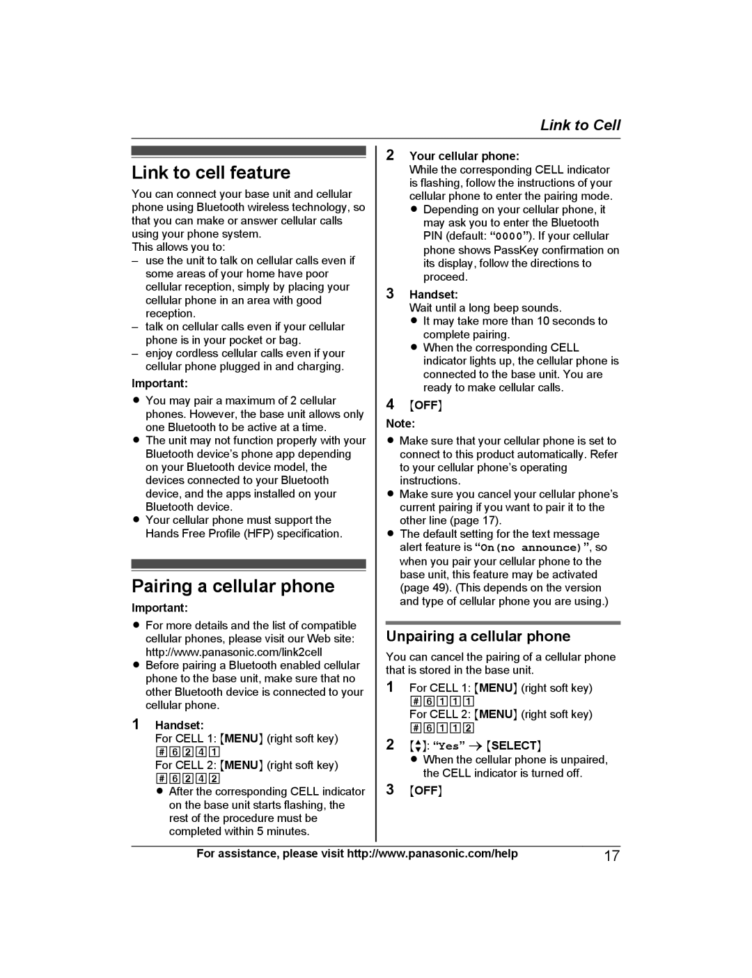 Panasonic KX-PRD262, KX-PRL262 Link to cell feature, Pairing a cellular phone, Unpairing a cellular phone, Handset 