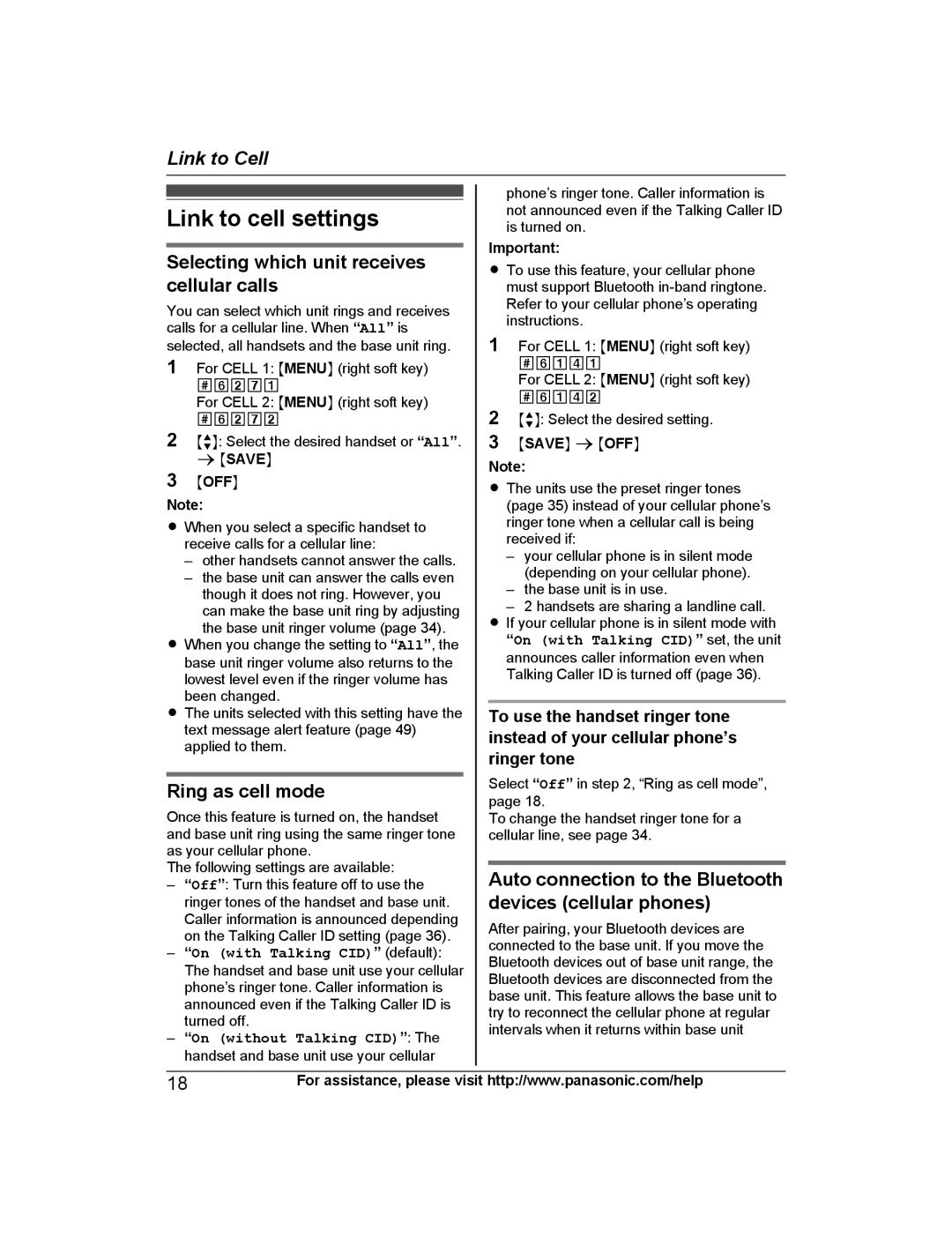 Panasonic KX-PRL262, KX-PRD262 Link to cell settings, Selecting which unit receives cellular calls, Ring as cell mode 