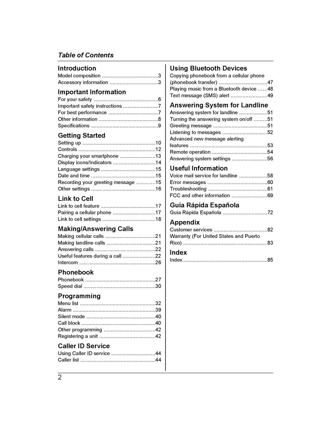 Panasonic KX-PRL262, KX-PRD262 operating instructions Table of Contents 