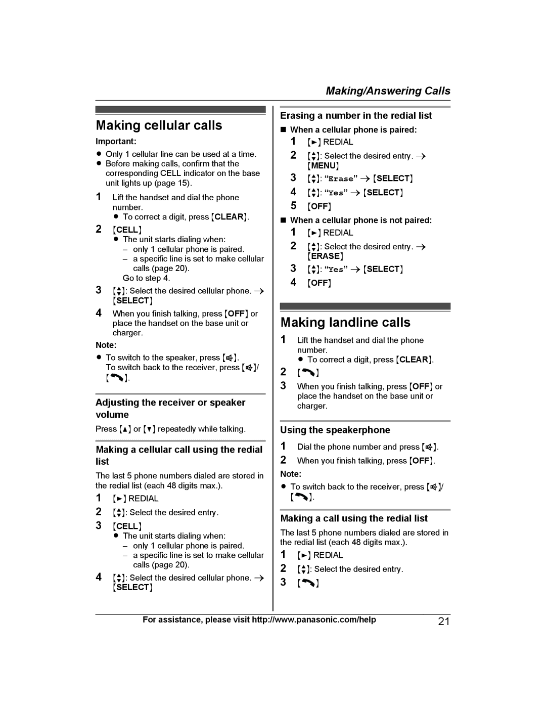 Panasonic KX-PRD262, KX-PRL262 operating instructions Making cellular calls, Making landline calls 