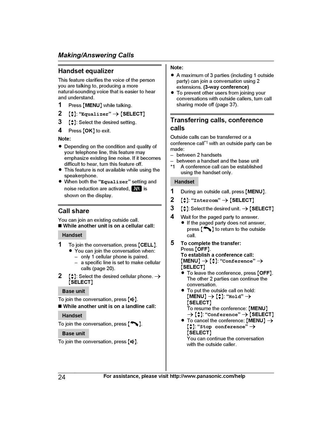 Panasonic KX-PRL262, KX-PRD262 Handset equalizer, Call share, Transferring calls, conference calls, MbN Stop conference a 