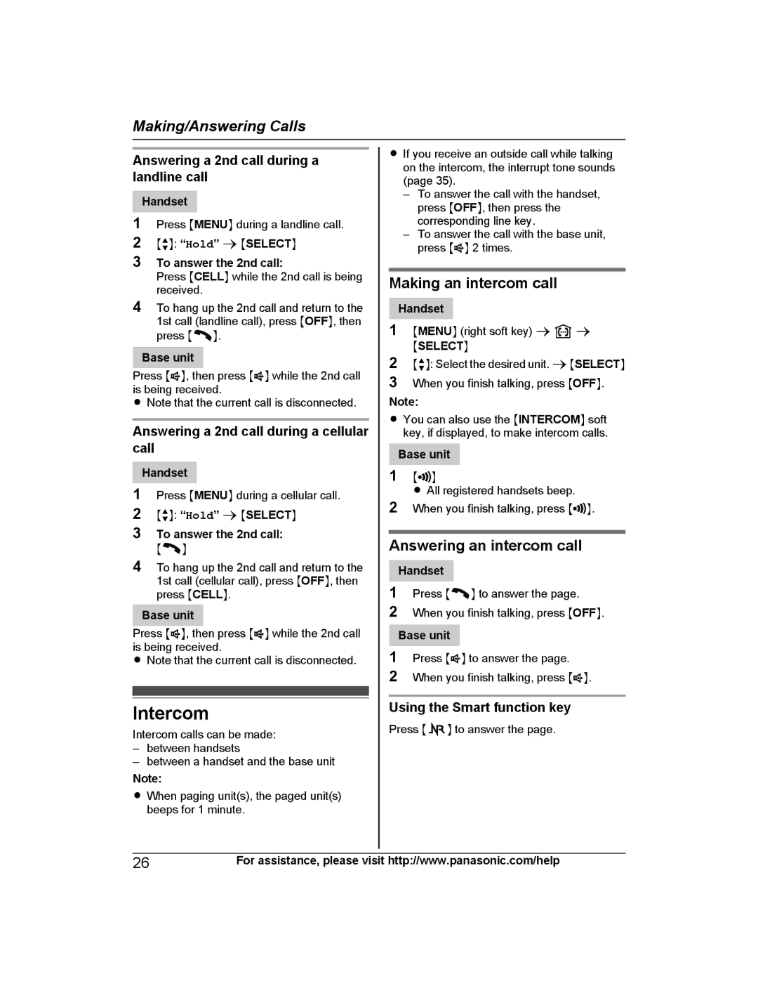 Panasonic KX-PRL262, KX-PRD262 operating instructions Intercom, Making an intercom call, Answering an intercom call 